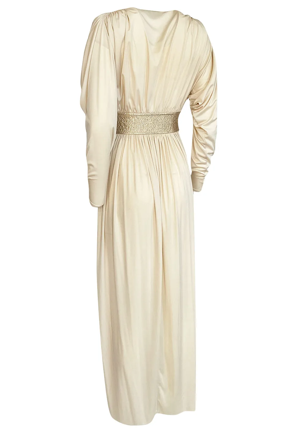 Documented 1980 Bill Tice Plunging Front Ivory Jersey & Gold Belt Dress