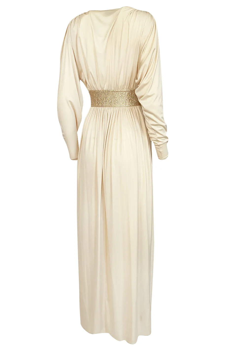 Documented 1980 Bill Tice Plunging Front Ivory Jersey & Gold Belt Dress