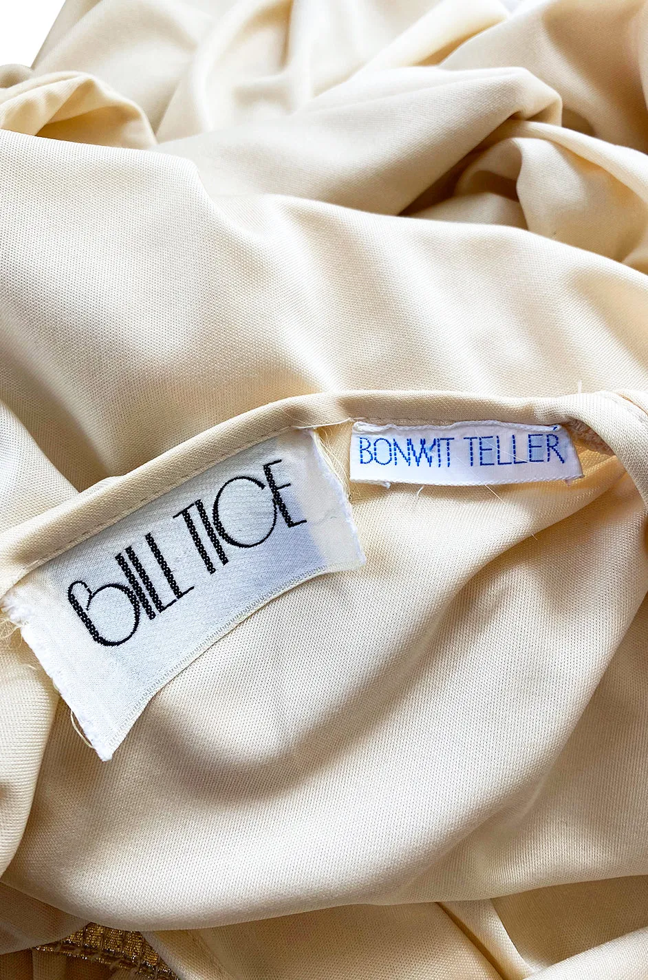 Documented 1980 Bill Tice Plunging Front Ivory Jersey & Gold Belt Dress