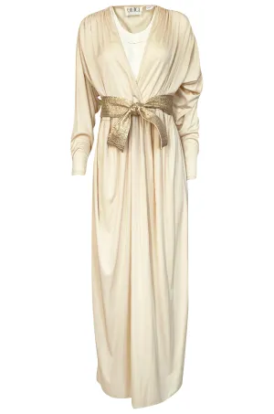 Documented 1980 Bill Tice Plunging Front Ivory Jersey & Gold Belt Dress