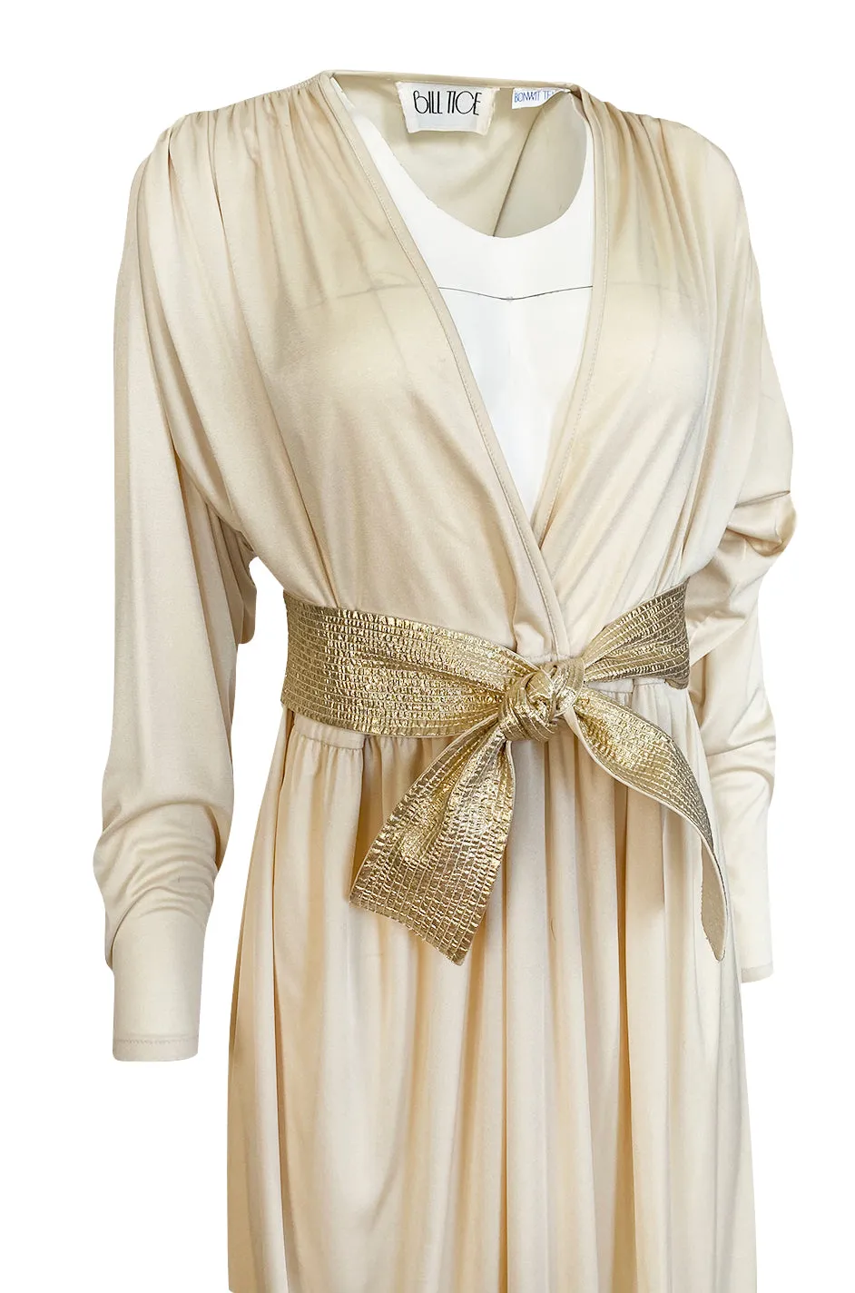 Documented 1980 Bill Tice Plunging Front Ivory Jersey & Gold Belt Dress