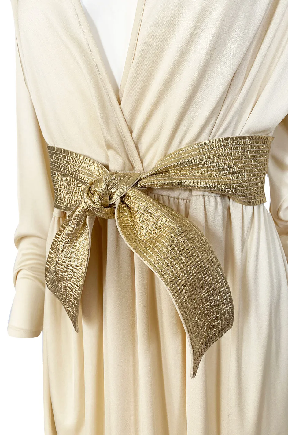 Documented 1980 Bill Tice Plunging Front Ivory Jersey & Gold Belt Dress