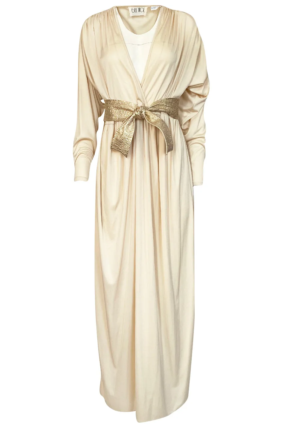 Documented 1980 Bill Tice Plunging Front Ivory Jersey & Gold Belt Dress