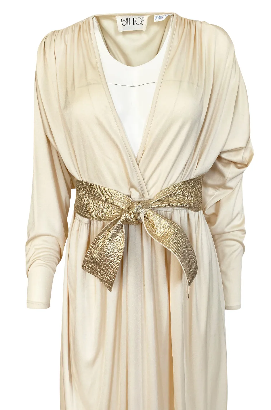 Documented 1980 Bill Tice Plunging Front Ivory Jersey & Gold Belt Dress