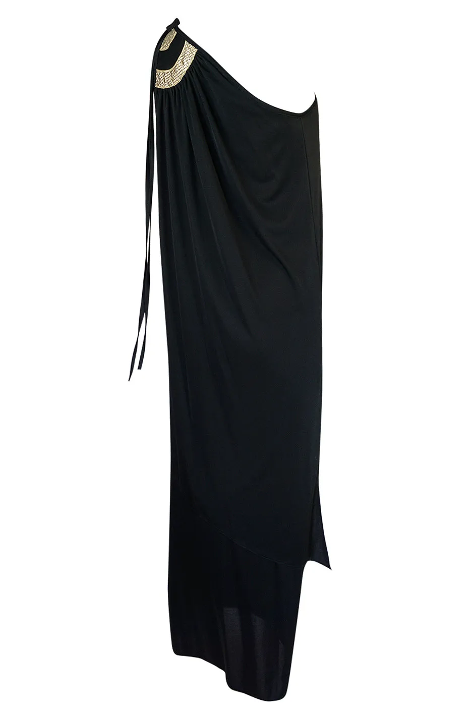 Documented 1981 Bill Tice One Shoulder Gold & Black Jersey Dress