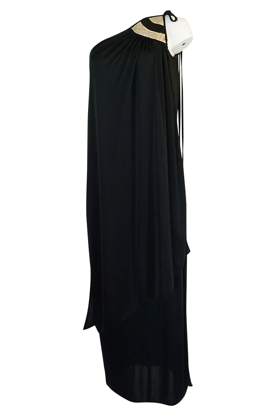 Documented 1981 Bill Tice One Shoulder Gold & Black Jersey Dress