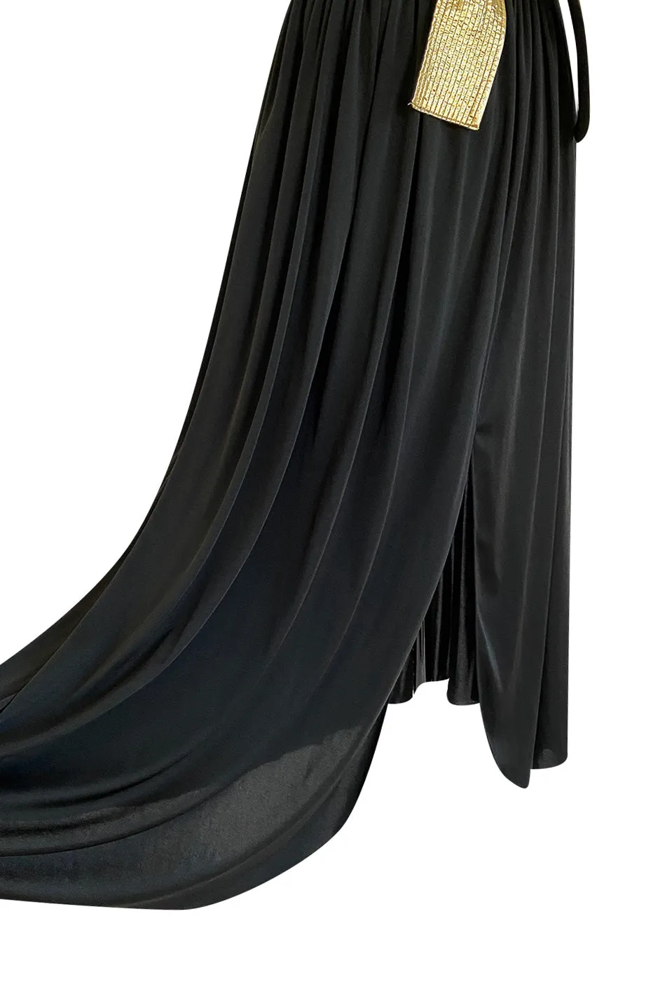 Documented 1981 Bill Tice Plunge Front Black & Gold Backless Nylon Jersey Halter Dress