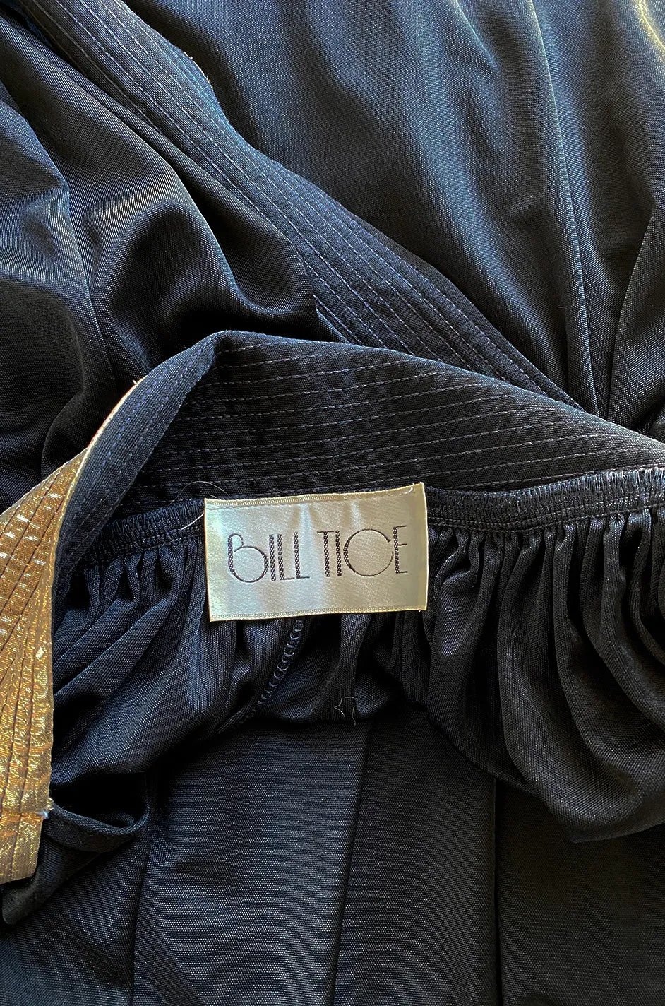 Documented 1981 Bill Tice Plunge Front Black & Gold Backless Nylon Jersey Halter Dress