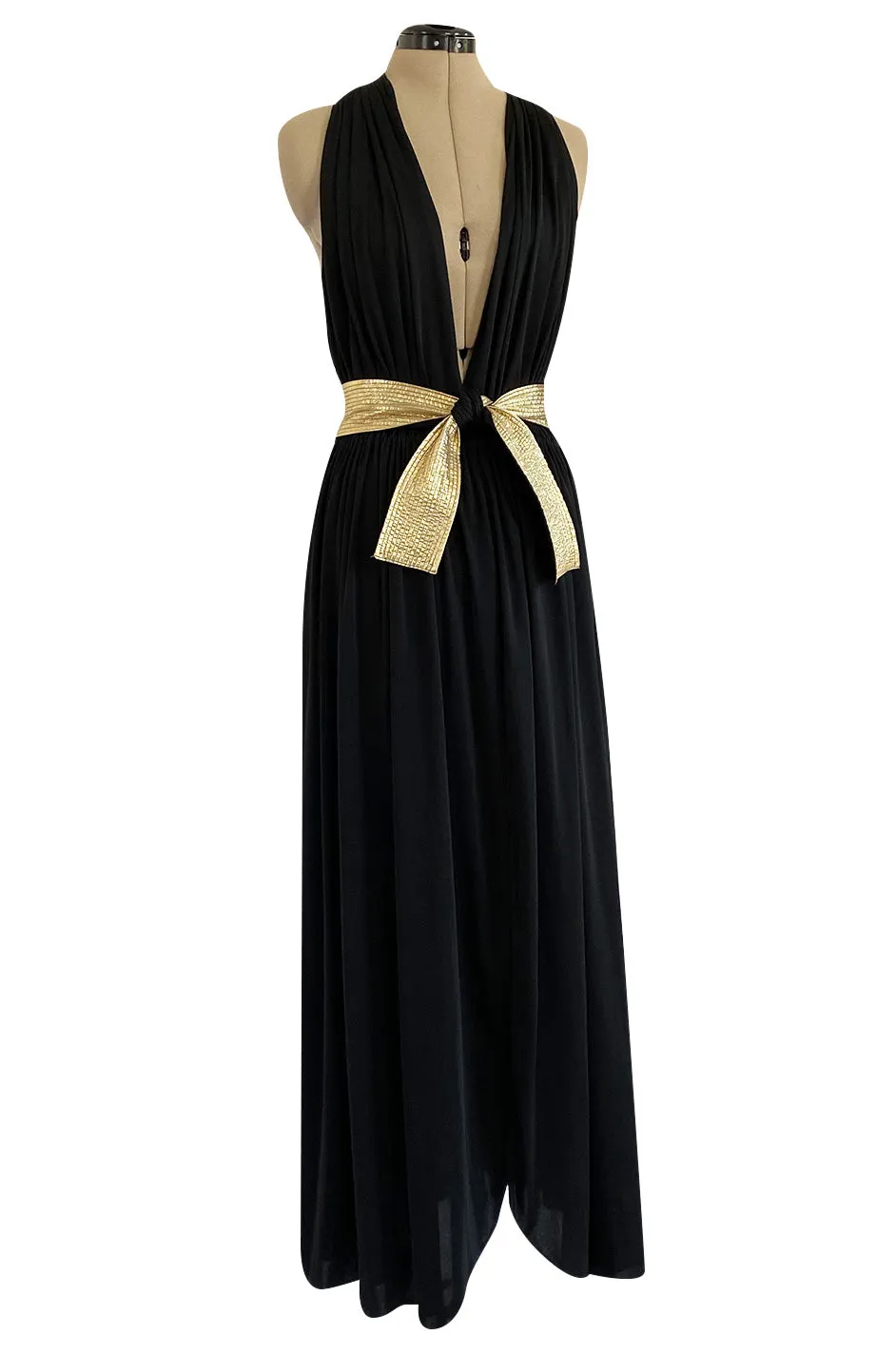 Documented 1981 Bill Tice Plunge Front Black & Gold Backless Nylon Jersey Halter Dress