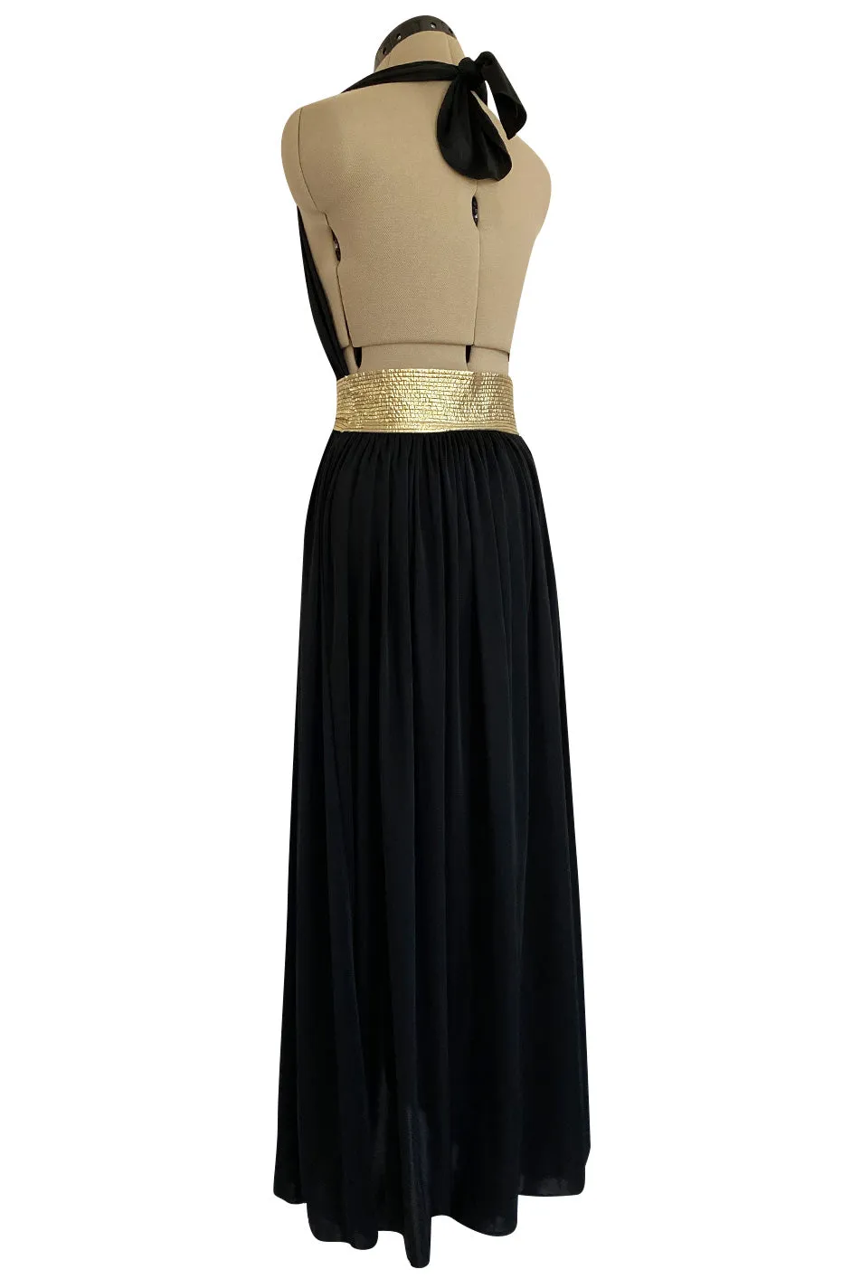 Documented 1981 Bill Tice Plunge Front Black & Gold Backless Nylon Jersey Halter Dress