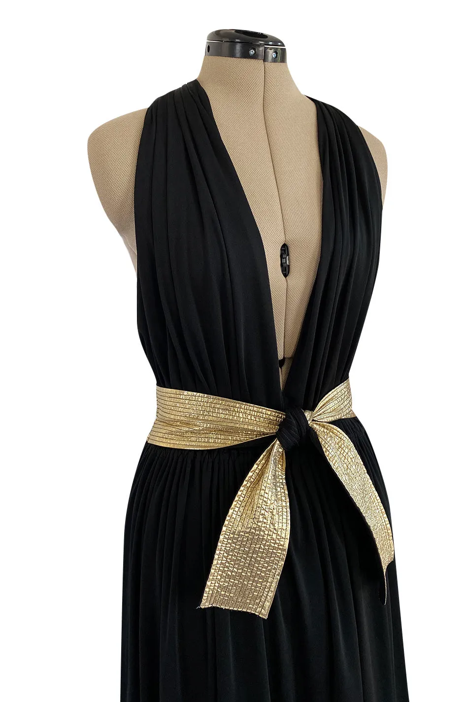 Documented 1981 Bill Tice Plunge Front Black & Gold Backless Nylon Jersey Halter Dress