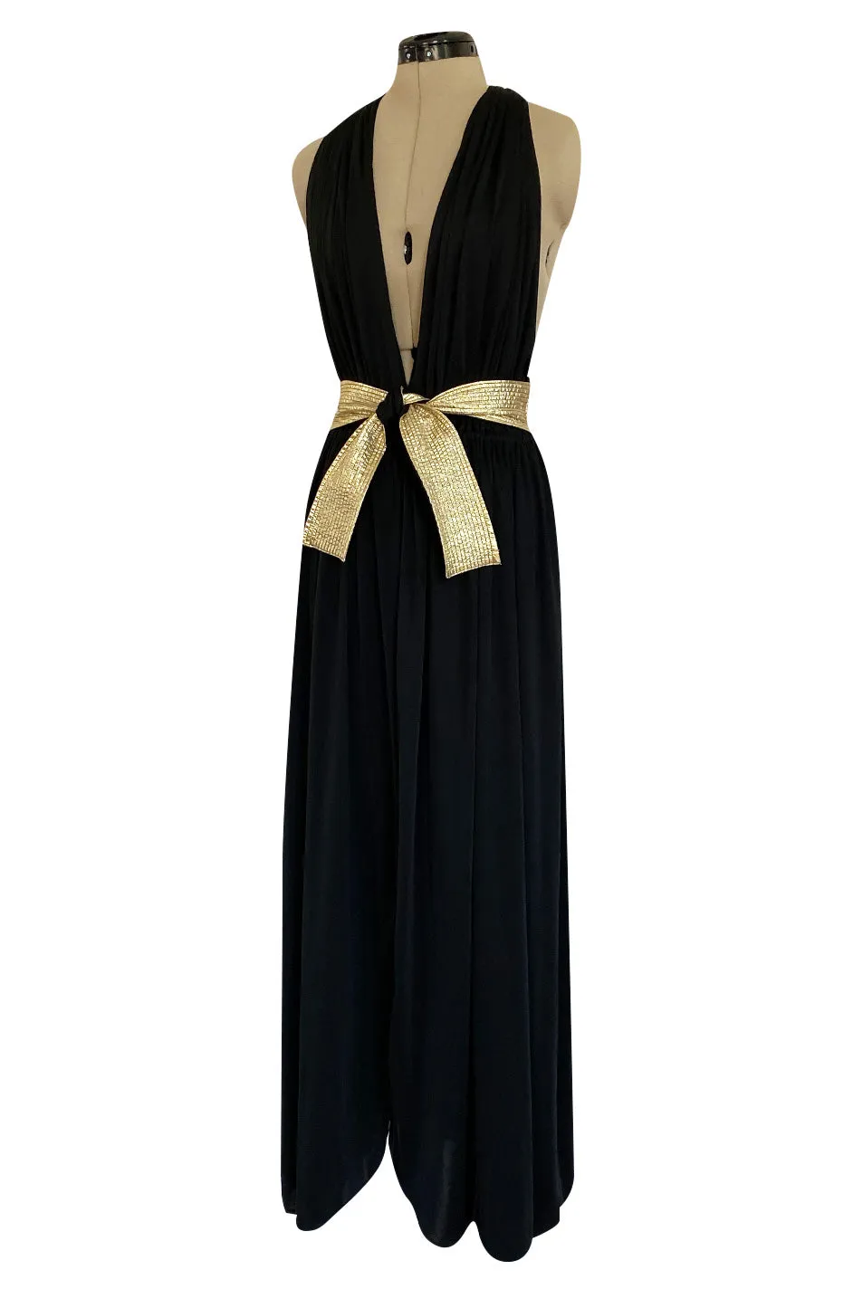 Documented 1981 Bill Tice Plunge Front Black & Gold Backless Nylon Jersey Halter Dress