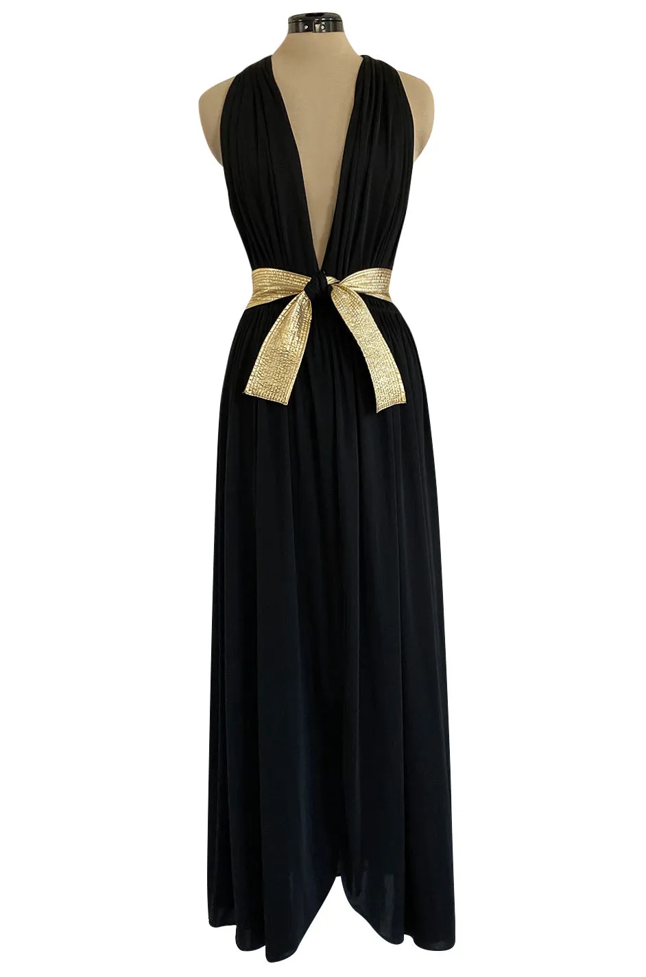Documented 1981 Bill Tice Plunge Front Black & Gold Backless Nylon Jersey Halter Dress