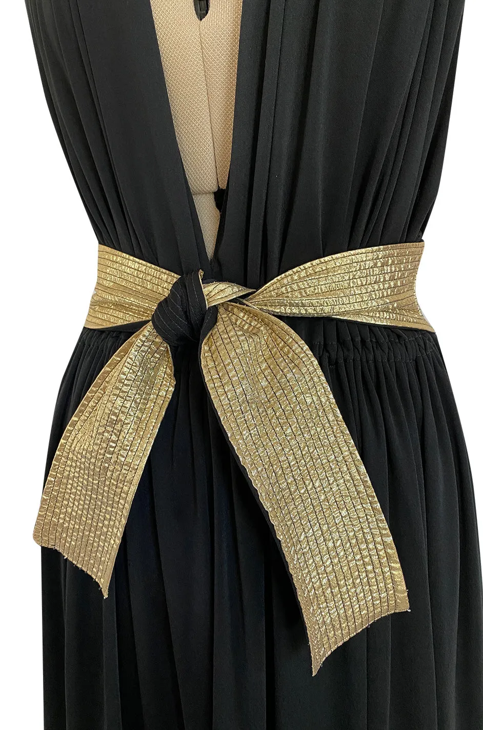 Documented 1981 Bill Tice Plunge Front Black & Gold Backless Nylon Jersey Halter Dress