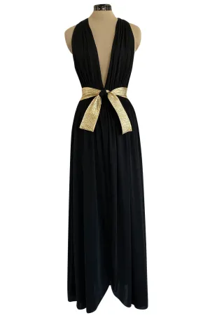 Documented 1981 Bill Tice Plunge Front Black & Gold Backless Nylon Jersey Halter Dress