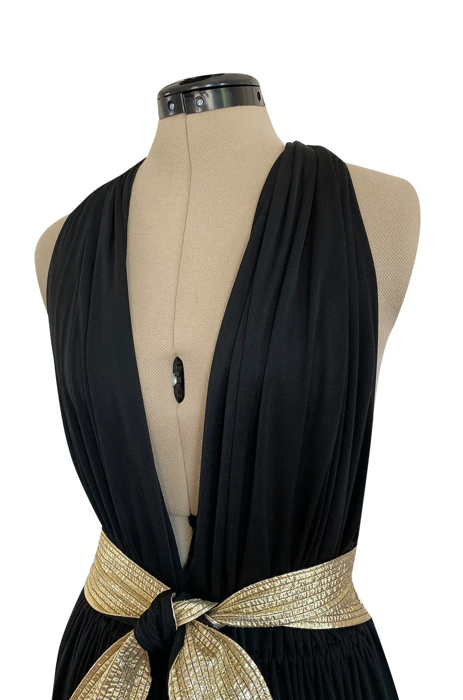 Documented 1981 Bill Tice Plunge Front Black & Gold Backless Nylon Jersey Halter Dress