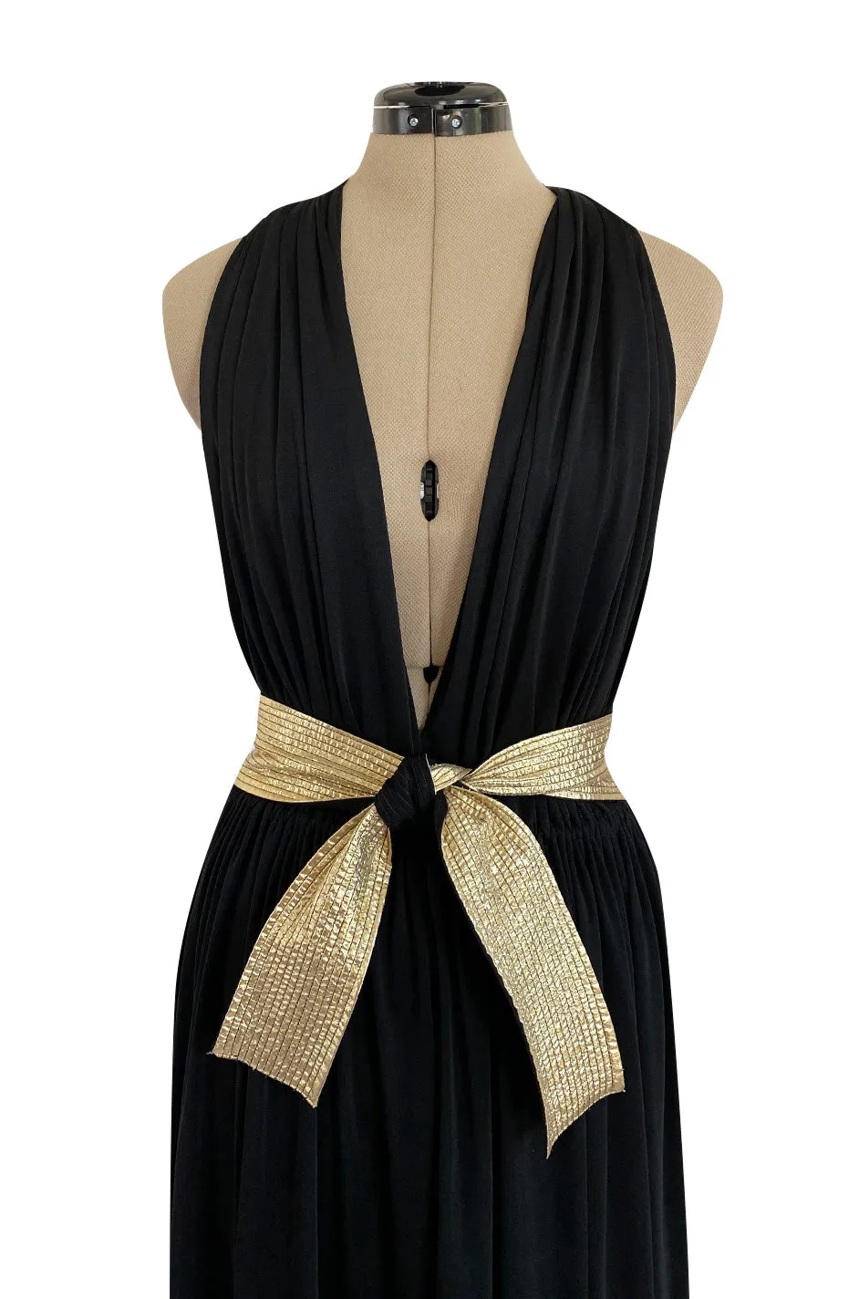 Documented 1981 Bill Tice Plunge Front Black & Gold Backless Nylon Jersey Halter Dress