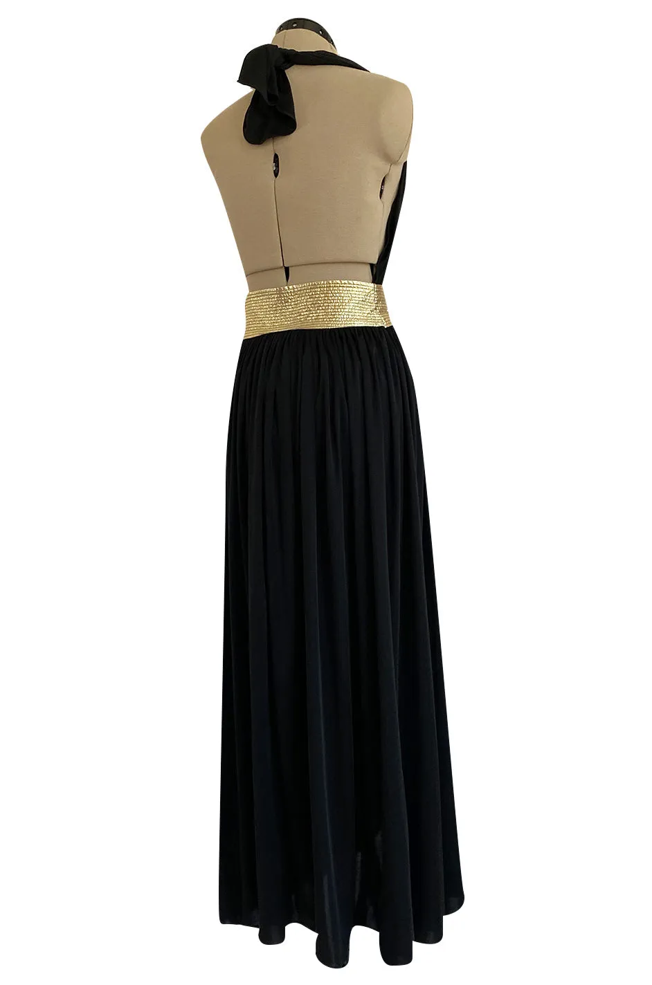Documented 1981 Bill Tice Plunge Front Black & Gold Backless Nylon Jersey Halter Dress