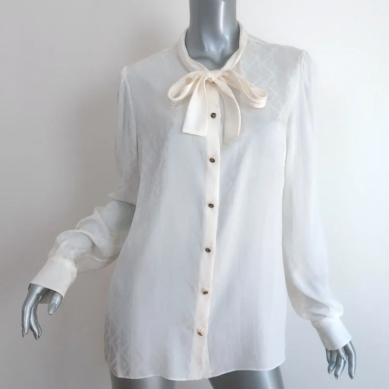 Dolce & Gabbana Logo Jacquard Pussy Bow Blouse Cream Size 46 Long Sleeve Top