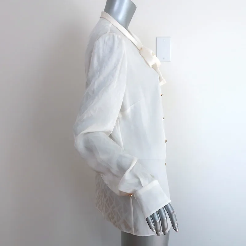 Dolce & Gabbana Logo Jacquard Pussy Bow Blouse Cream Size 46 Long Sleeve Top