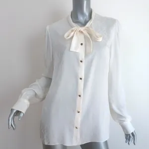Dolce & Gabbana Logo Jacquard Pussy Bow Blouse Cream Size 46 Long Sleeve Top