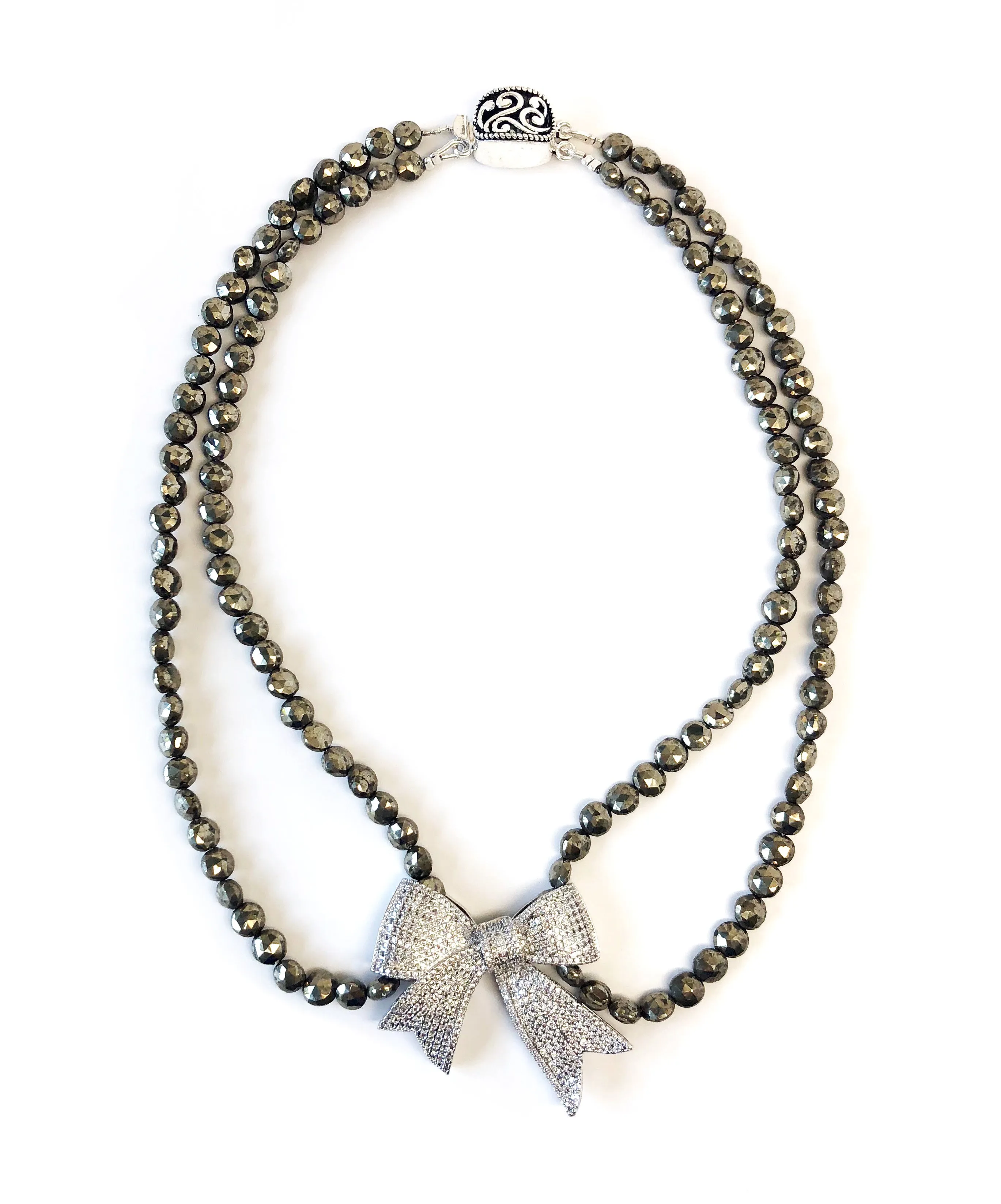 Double Strand Pyrite Necklace with Pave Bow