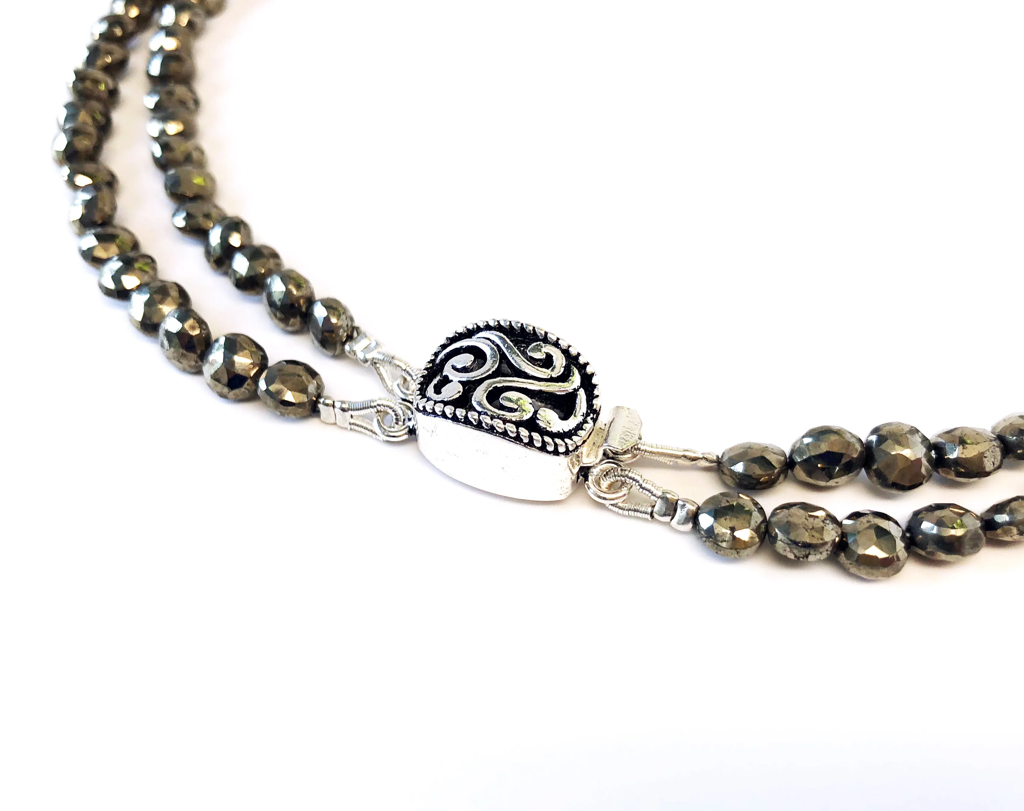Double Strand Pyrite Necklace with Pave Bow