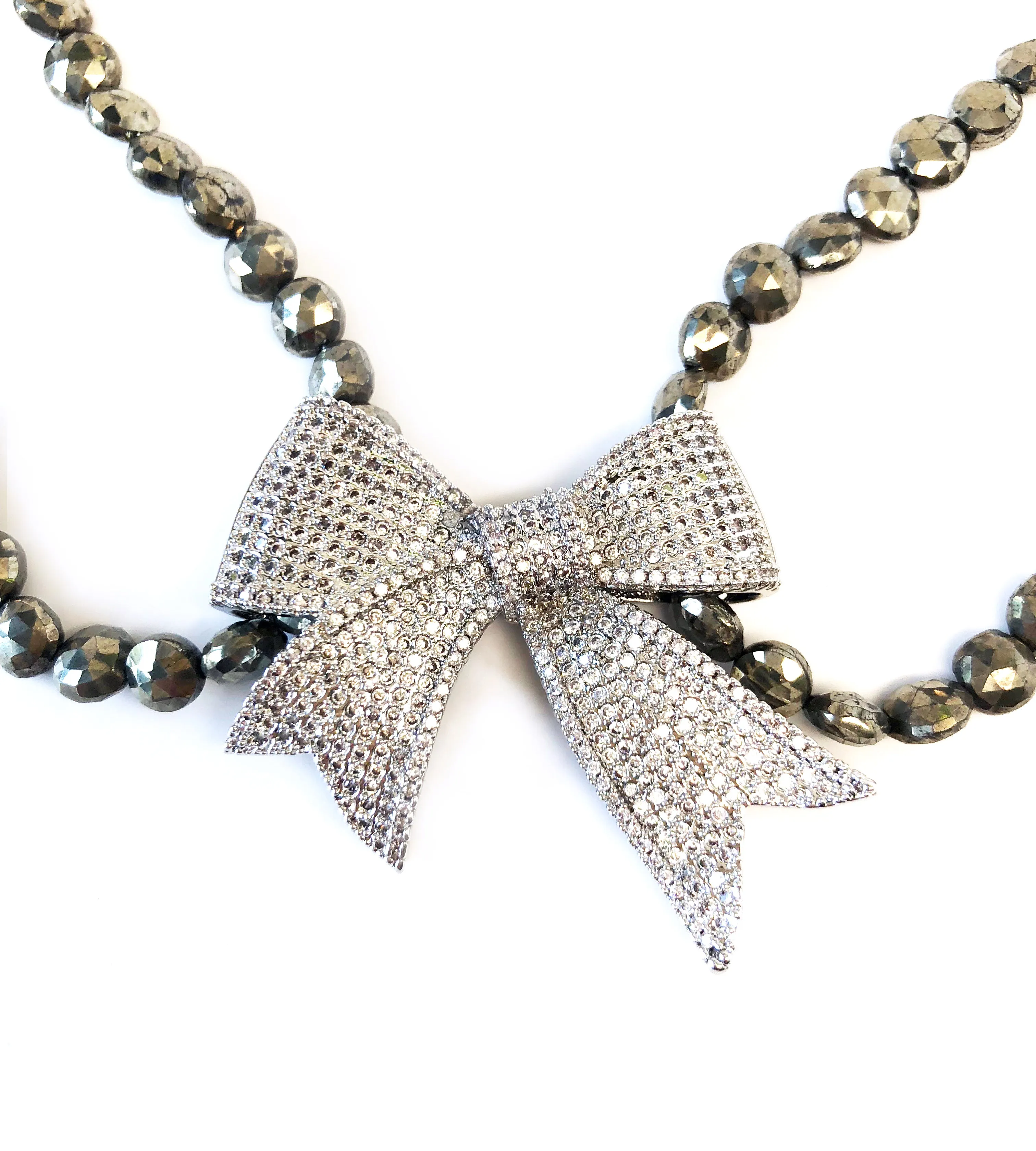 Double Strand Pyrite Necklace with Pave Bow