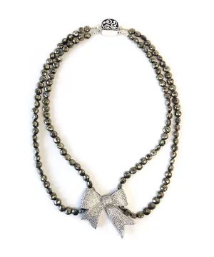 Double Strand Pyrite Necklace with Pave Bow