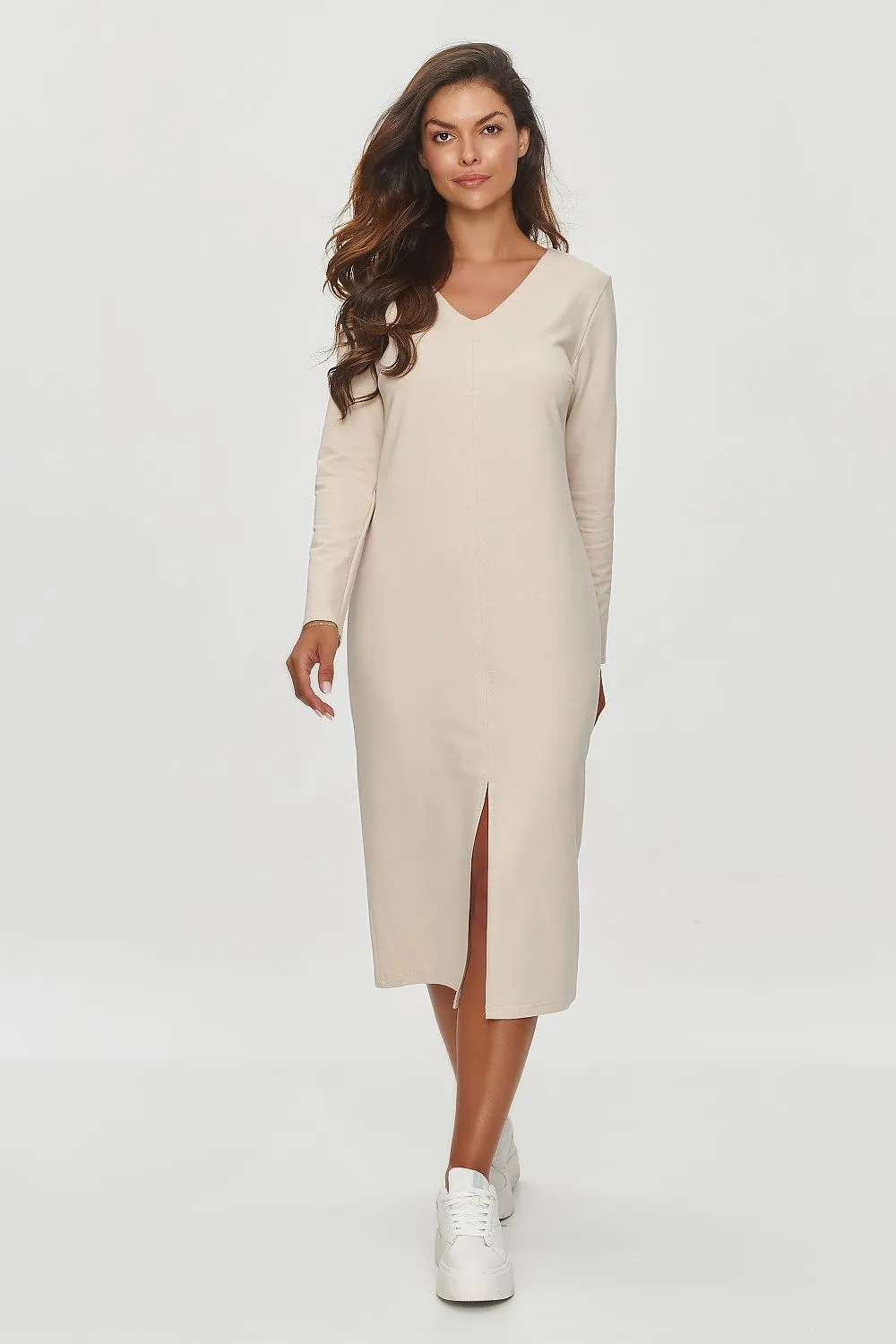 Draped Midi Dress with V-Neck