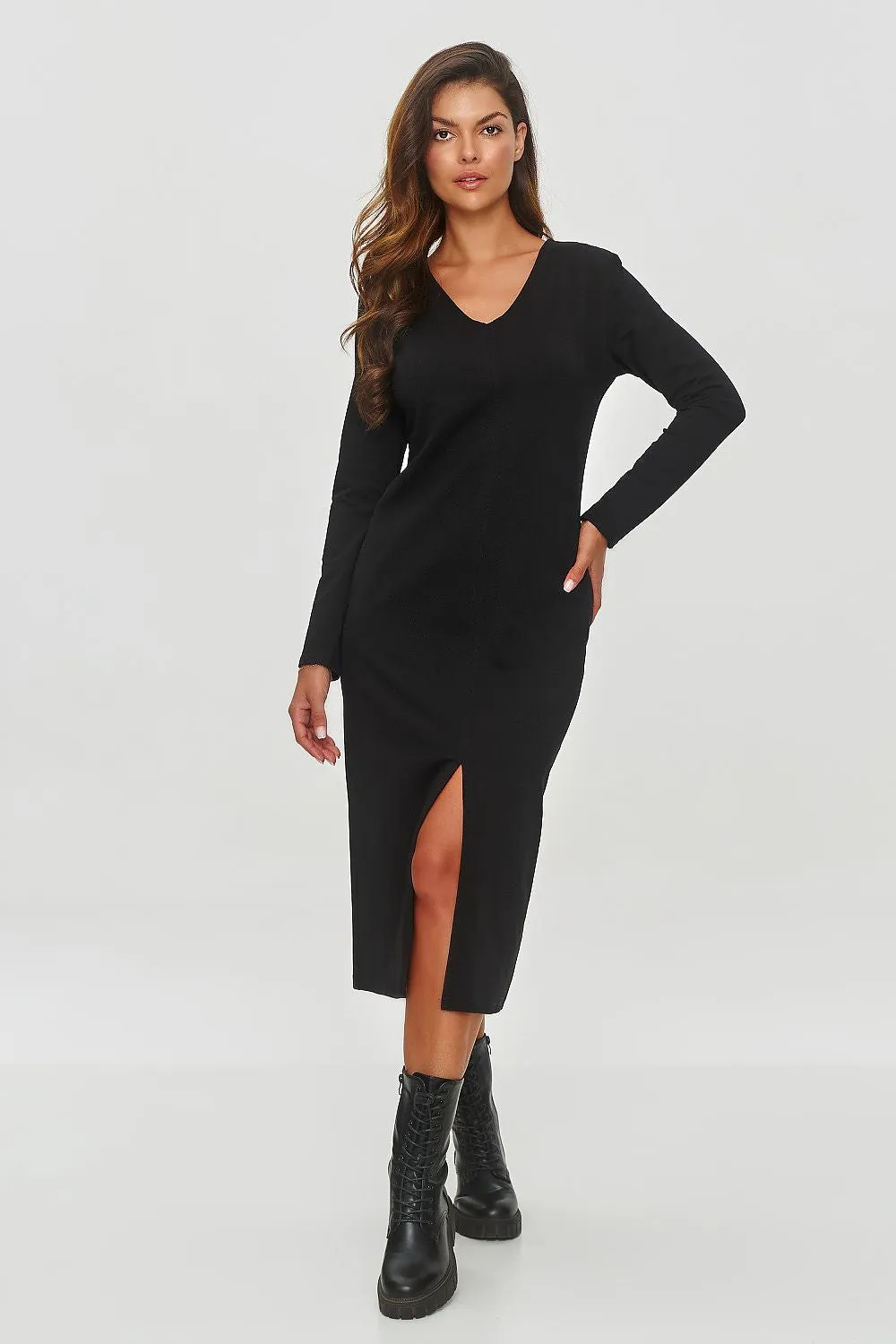 Draped Midi Dress with V-Neck