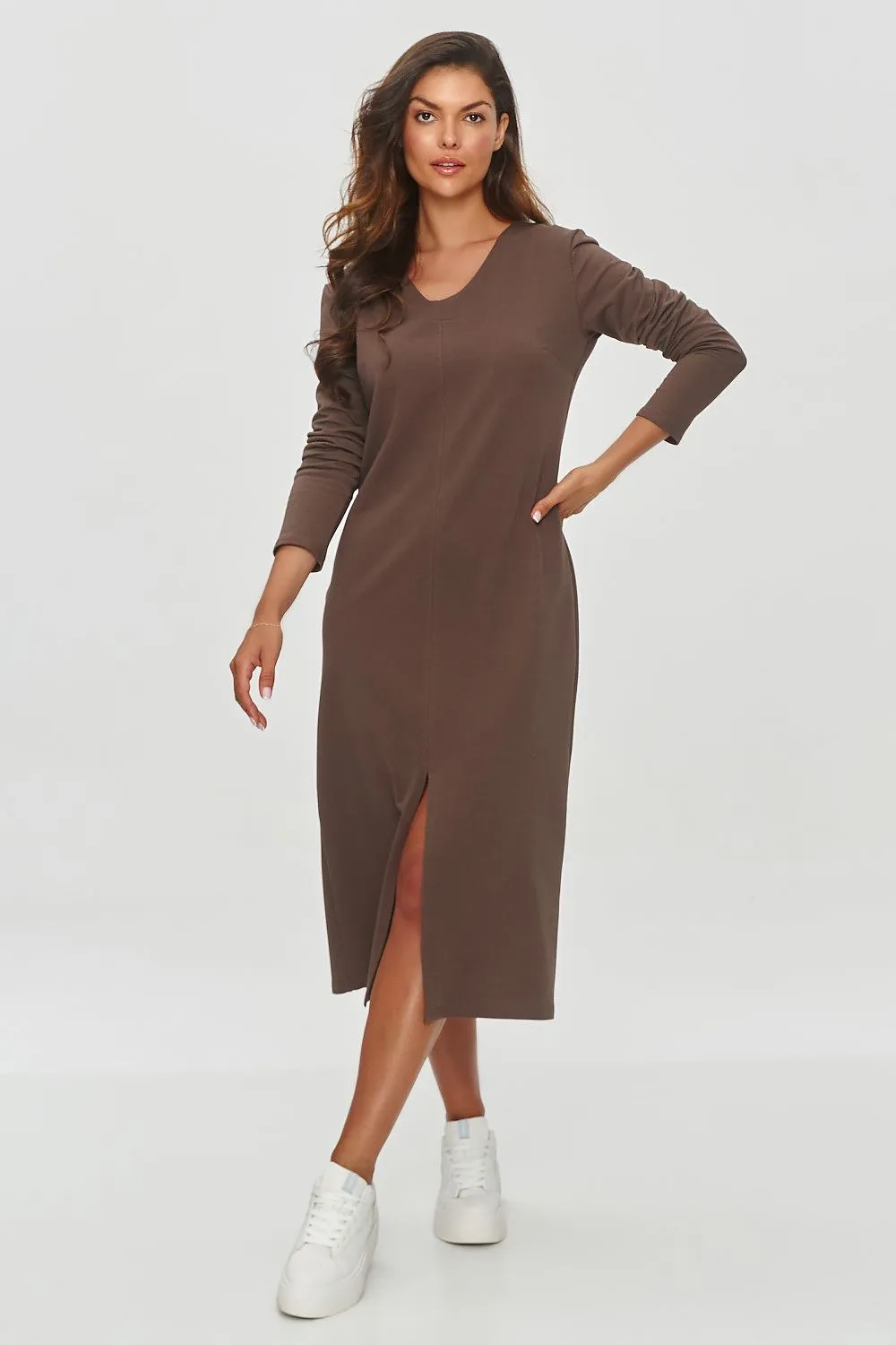 Draped Midi Dress with V-Neck