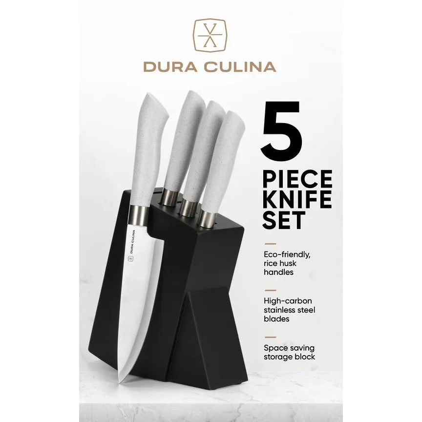 Dura Living 5-Piece Knife Block Set - High Carbon Stainless Steel Blades, Compact Wood Block