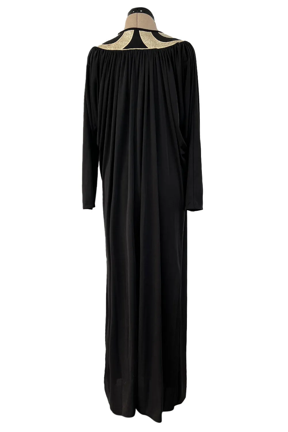 Easy to Wear 1980s Bill Tice Black Jersey Caftan Feel Dress w Gold Shoulder Detail Detail