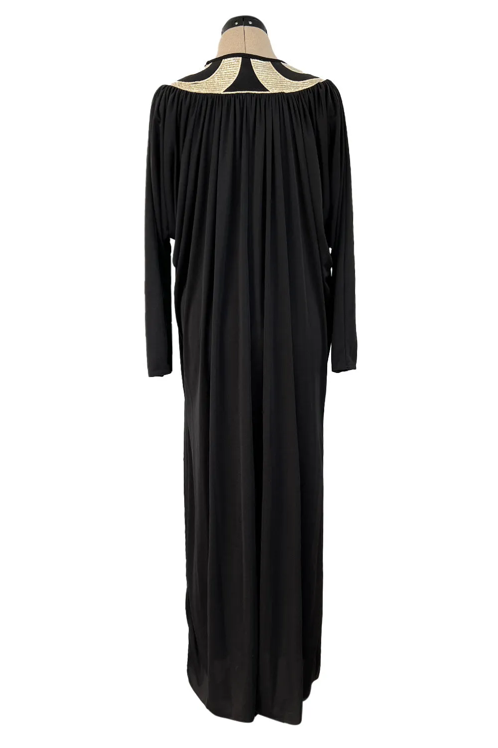 Easy to Wear 1980s Bill Tice Black Jersey Caftan Feel Dress w Gold Shoulder Detail Detail