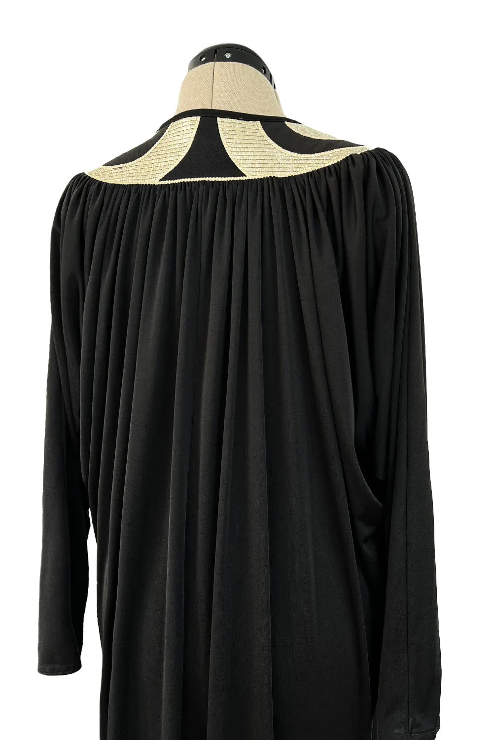 Easy to Wear 1980s Bill Tice Black Jersey Caftan Feel Dress w Gold Shoulder Detail Detail
