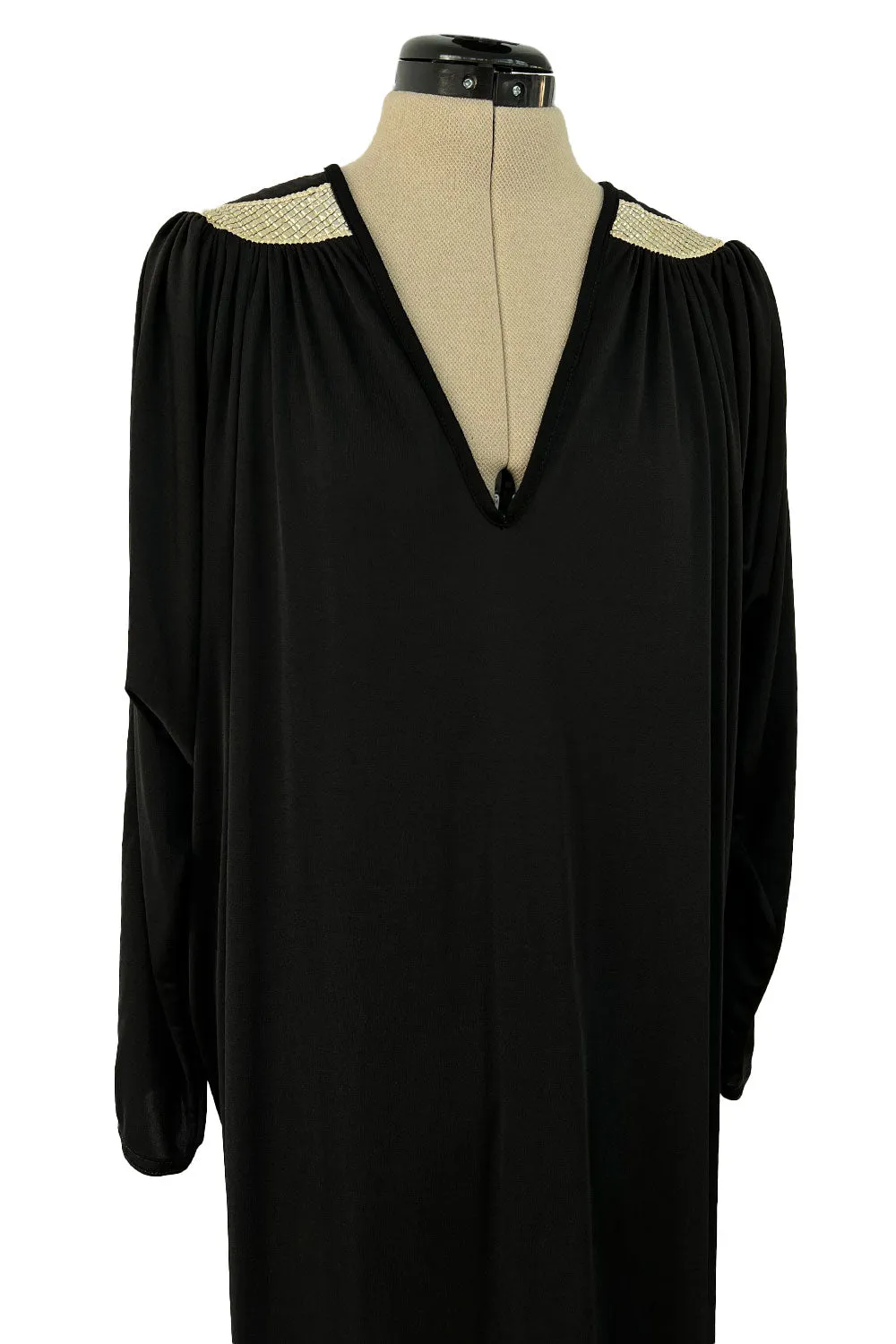 Easy to Wear 1980s Bill Tice Black Jersey Caftan Feel Dress w Gold Shoulder Detail Detail