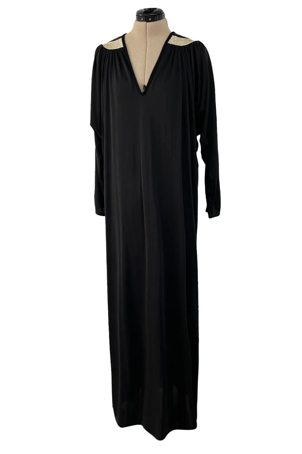 Easy to Wear 1980s Bill Tice Black Jersey Caftan Feel Dress w Gold Shoulder Detail Detail