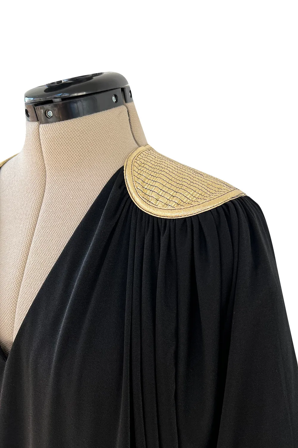Easy to Wear 1980s Bill Tice Black Jersey Caftan Feel Dress w Gold Shoulder Detail