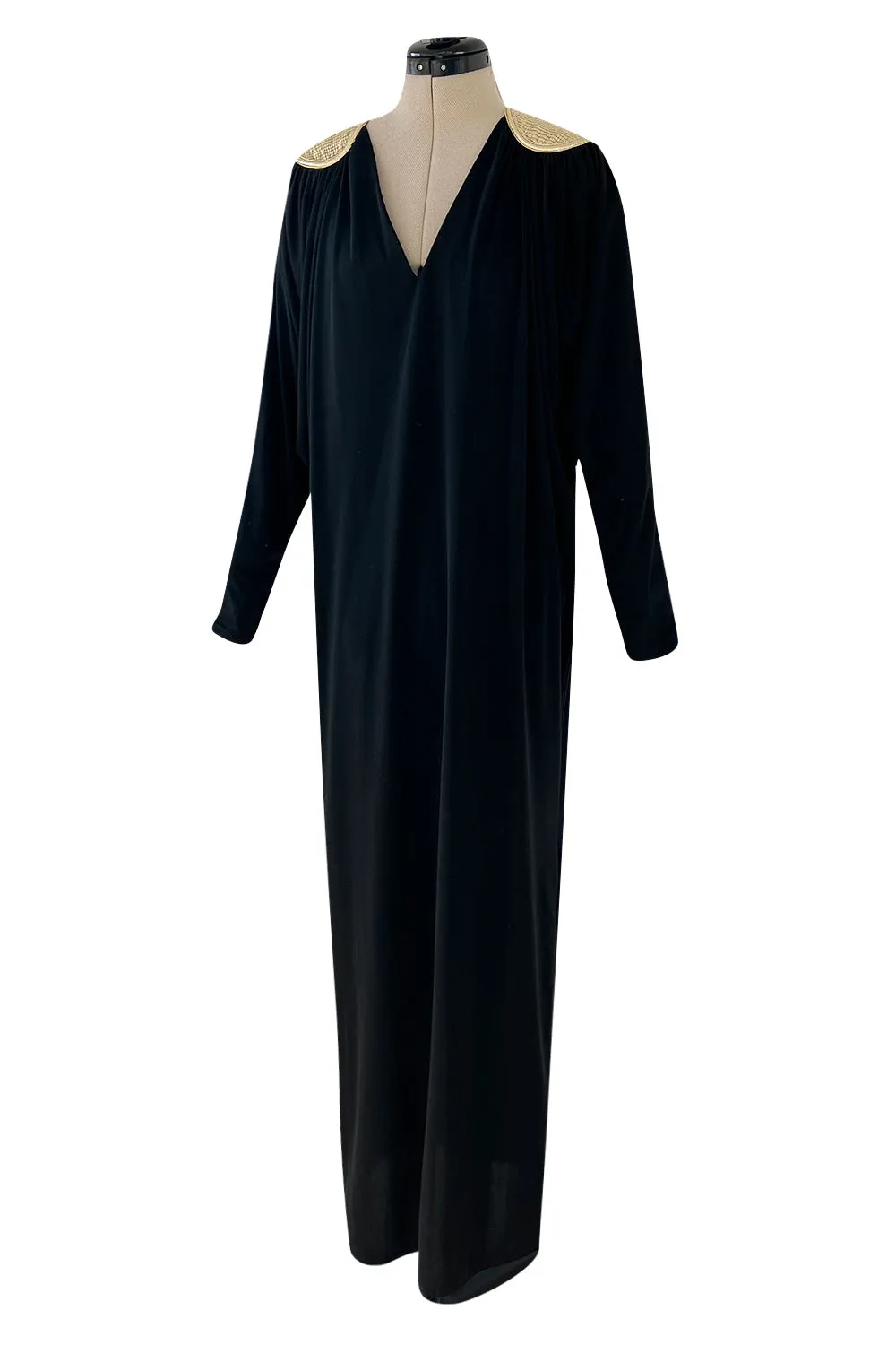 Easy to Wear 1980s Bill Tice Black Jersey Caftan Feel Dress w Gold Shoulder Detail