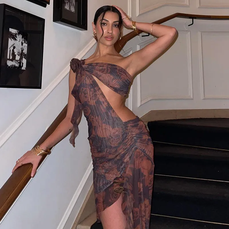 Europe and America Cross Border New Fashion Women's Printed Wear Sexy Oblique Shoulder Stitching Stringy Selvedge Lace-up Irregular Dress Women