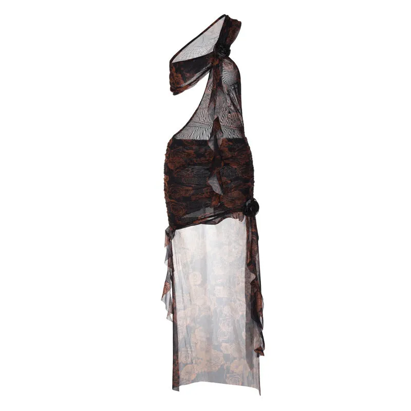 Europe and America Cross Border New Fashion Women's Printed Wear Sexy Oblique Shoulder Stitching Stringy Selvedge Lace-up Irregular Dress Women