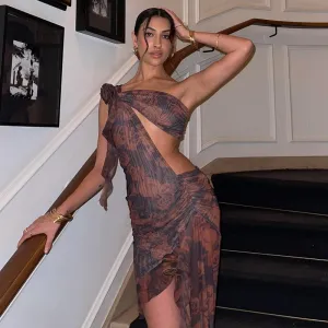 Europe and America Cross Border New Fashion Women's Printed Wear Sexy Oblique Shoulder Stitching Stringy Selvedge Lace-up Irregular Dress Women