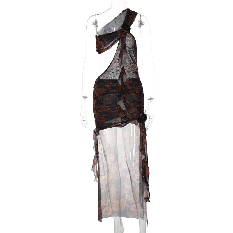 Europe and America Cross Border New Fashion Women's Printed Wear Sexy Oblique Shoulder Stitching Stringy Selvedge Lace-up Irregular Dress Women