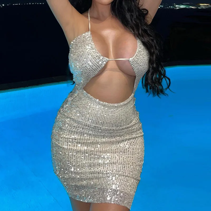 Europe and America Cross Border New Women's SexyVCollar Stitching Tied Halter Cut-out Navel-Exposed Fashion Beaded Dress Women