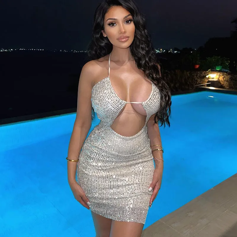 Europe and America Cross Border New Women's SexyVCollar Stitching Tied Halter Cut-out Navel-Exposed Fashion Beaded Dress Women
