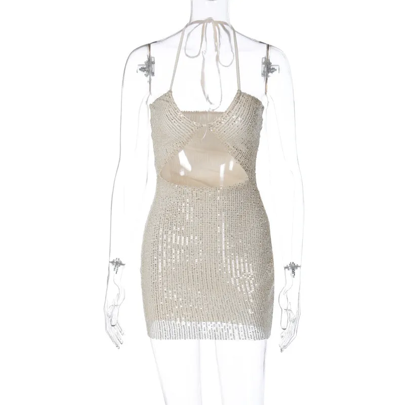 Europe and America Cross Border New Women's SexyVCollar Stitching Tied Halter Cut-out Navel-Exposed Fashion Beaded Dress Women