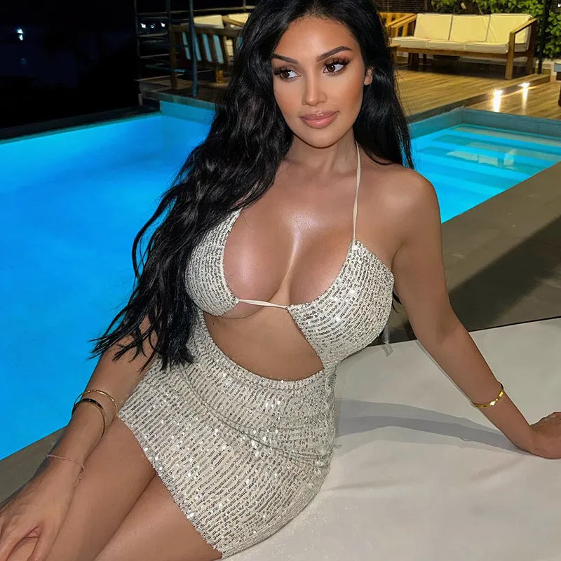 Europe and America Cross Border New Women's SexyVCollar Stitching Tied Halter Cut-out Navel-Exposed Fashion Beaded Dress Women