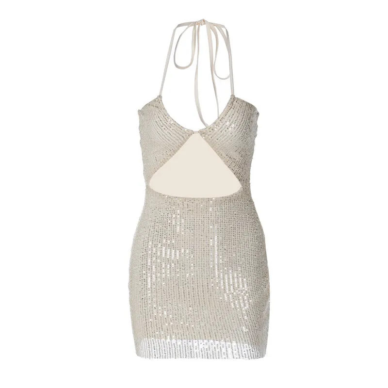Europe and America Cross Border New Women's SexyVCollar Stitching Tied Halter Cut-out Navel-Exposed Fashion Beaded Dress Women