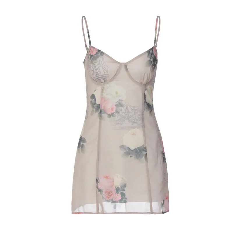 European And American-Style2023Summer New Fashion Printed Sling Street StyleVWomen's Collar Chiffon Dress One Piece Dropshipping